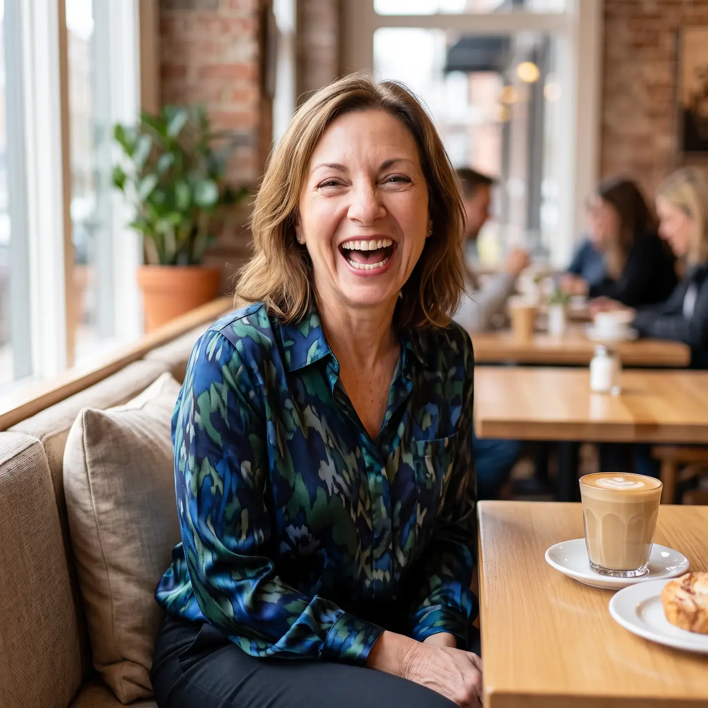 A woman laughing at a cafe table, illustrating an unhurried decision